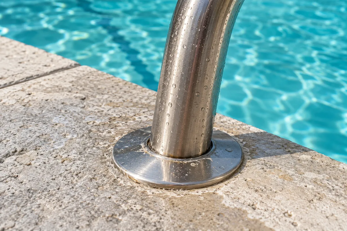 Stainless pool rail entering a round deck collar with water droplets and dried splash residue around the rim