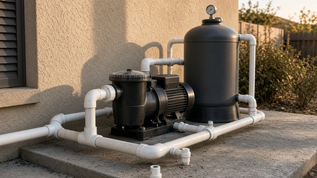Generic pump, filter, and PVC on an equipment pad