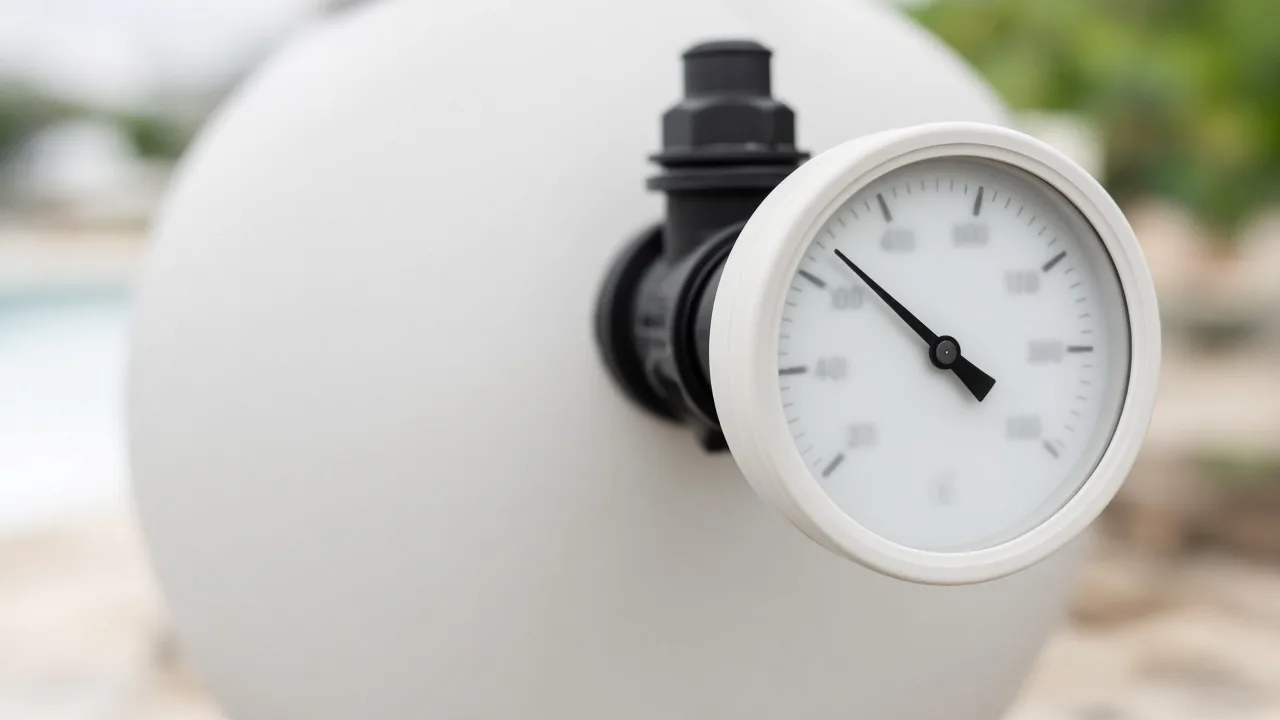 Filter pressure gauge on a tank. The dial is not the 20 PSI or 30 PSI factory setting.