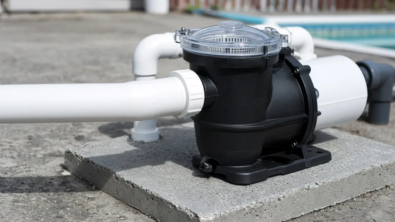 Close view of a generic strainer pot and suction pipe on a concrete pad