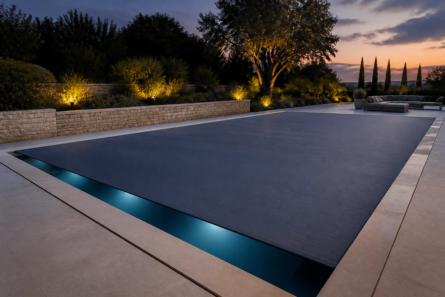 Twilight rectangular pool with a dark automatic cover partly extended over lit water