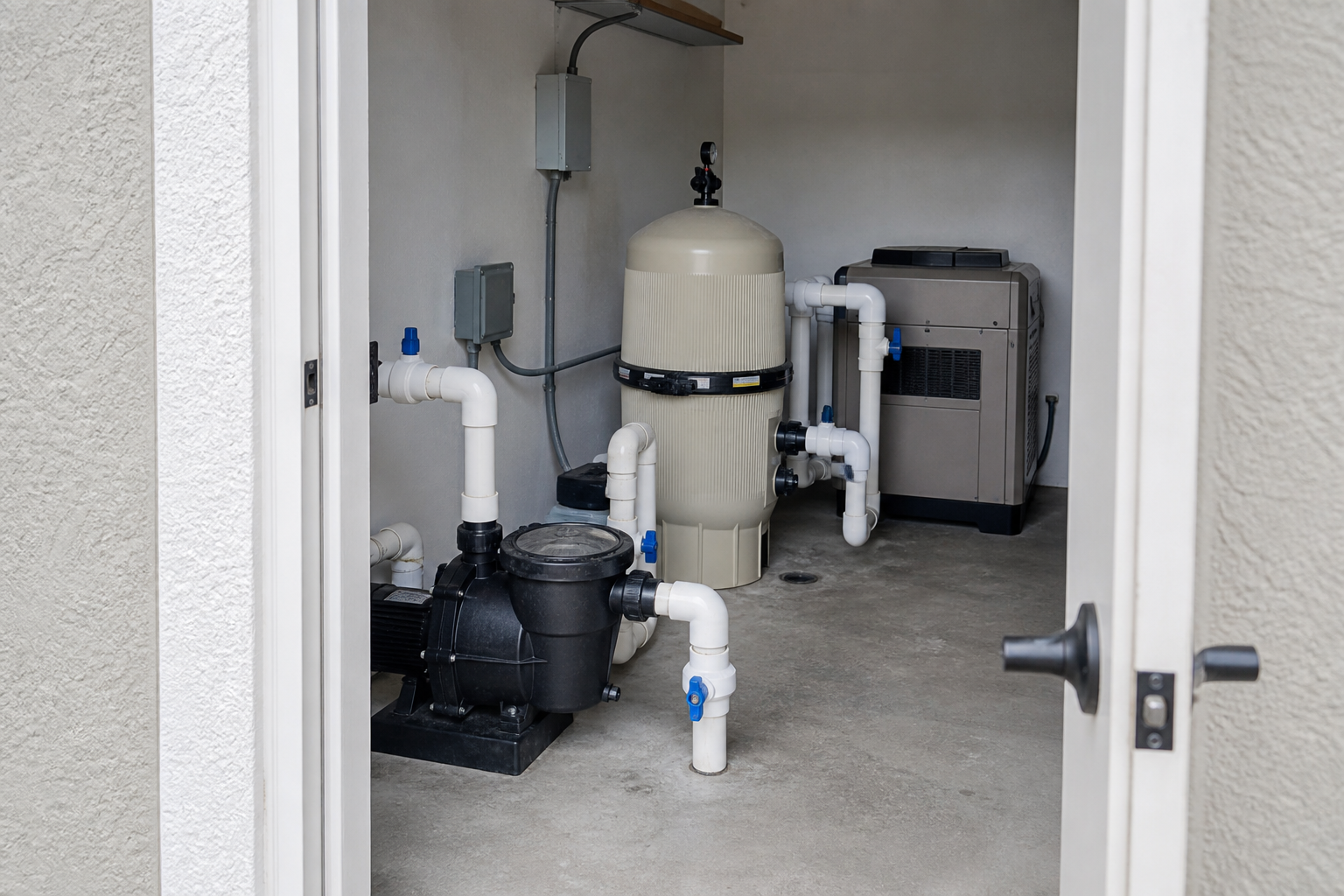 Residential pool plant room with pump, sand filter, heater and valve manifold