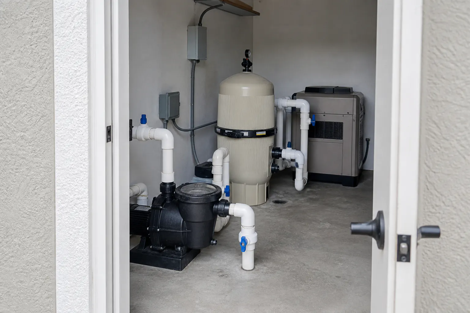 Residential pool plant room with pump, sand filter, heater and valve manifold