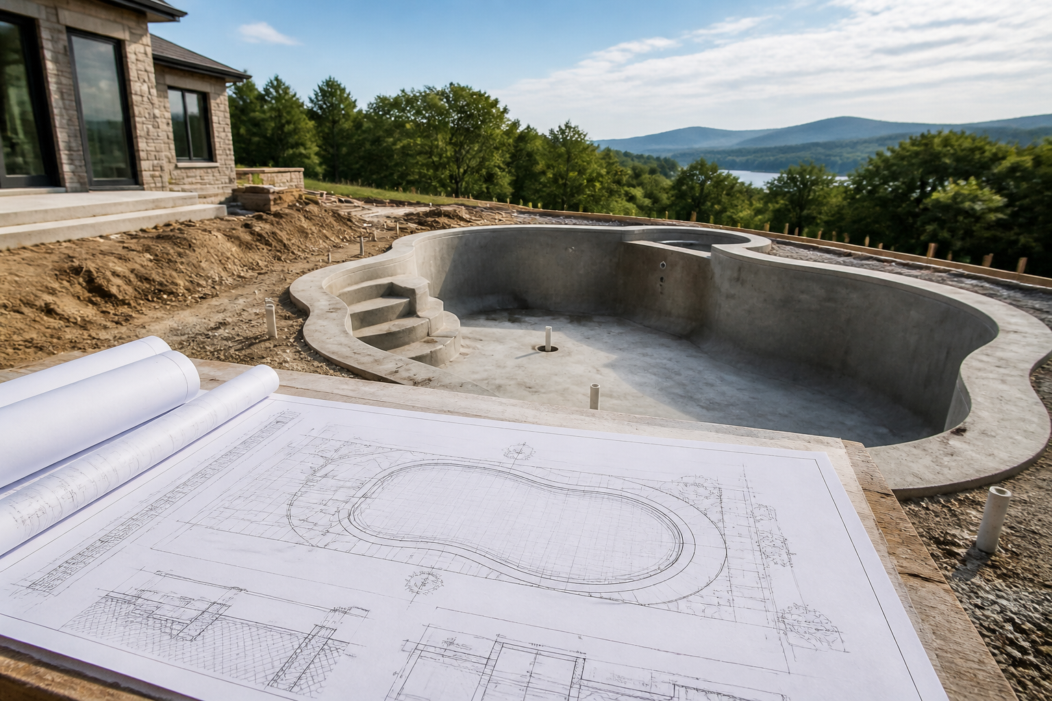 Pool construction drawings spread on a table beside a tape measure and site notes