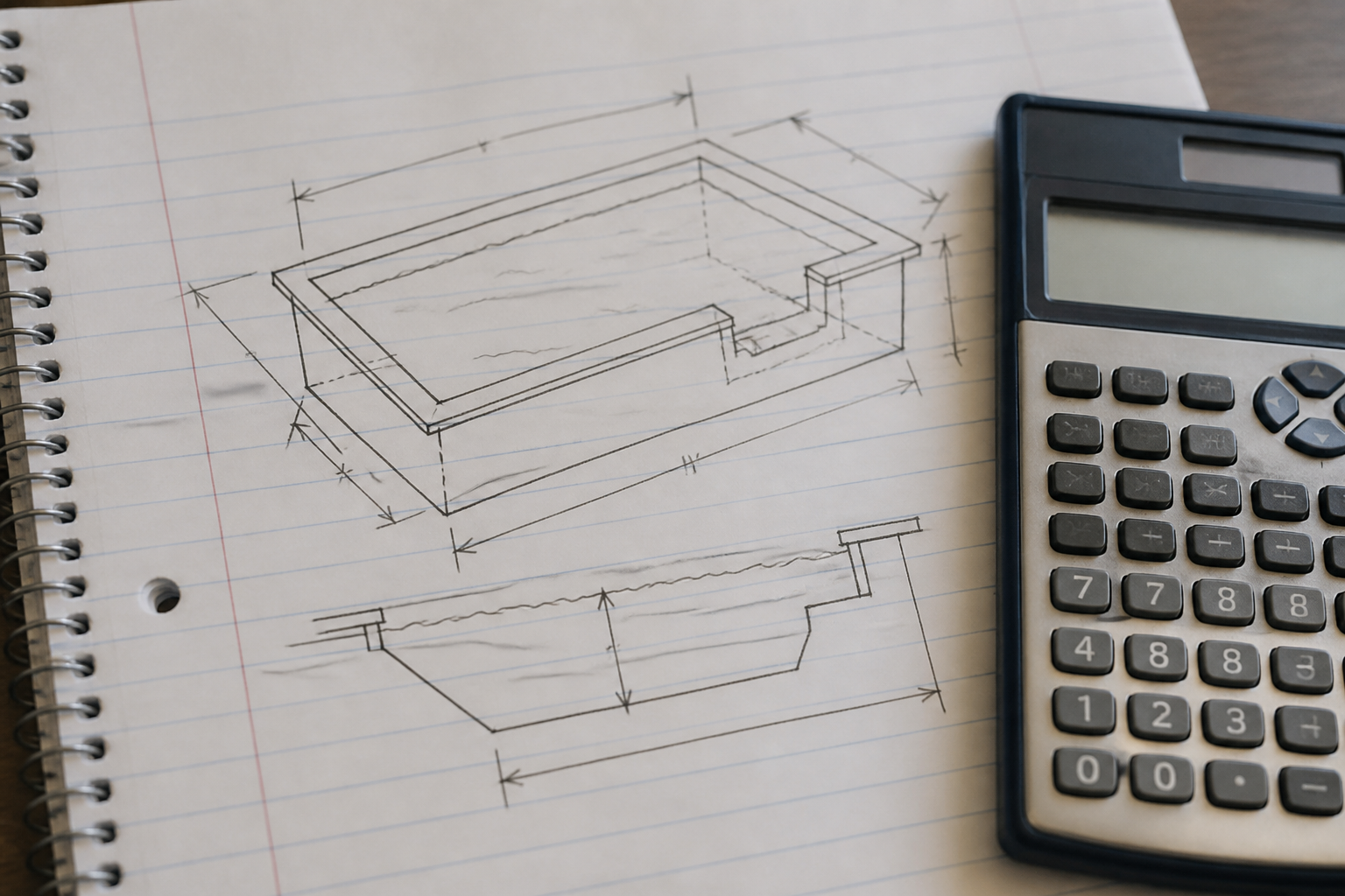 Printed measurement form and a tape on a stone pool deck