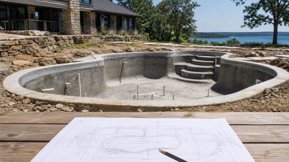Pool construction drawings beside an unfinished concrete pool shell