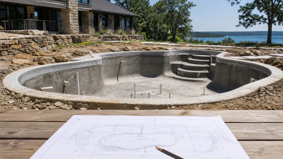 Pool construction drawings beside an unfinished concrete pool shell