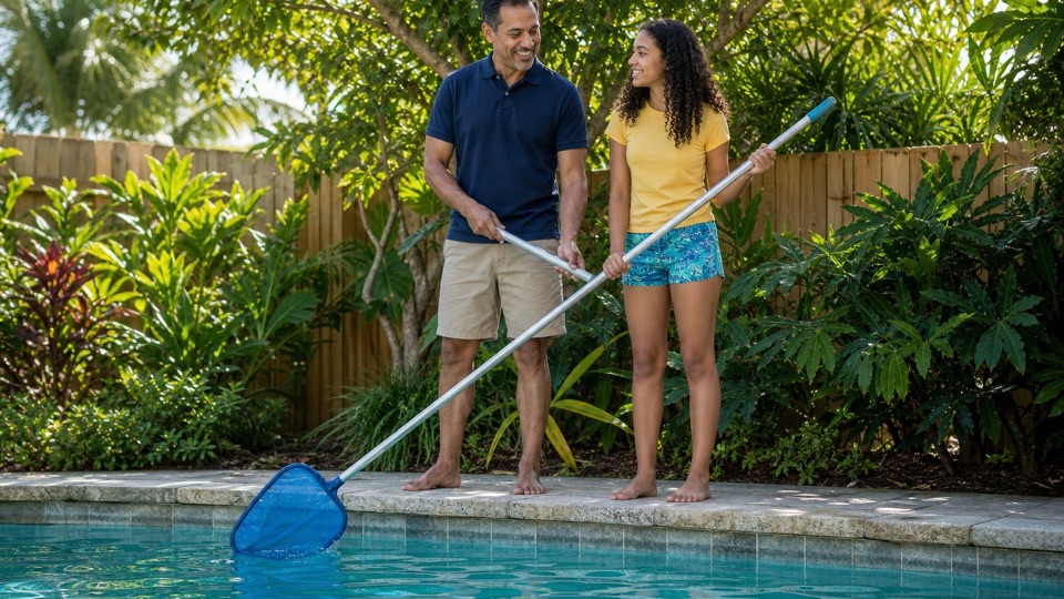 Parent and teenager skimming a backyard pool on a sunny day