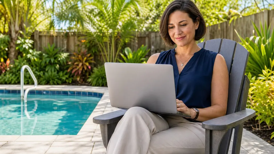 Homeowner reviewing pool plans on a laptop beside a backyard pool