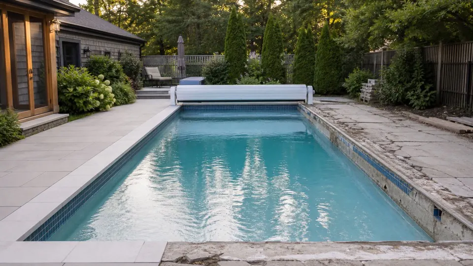 Existing backyard pool mid-renovation with new tile and coping on one side