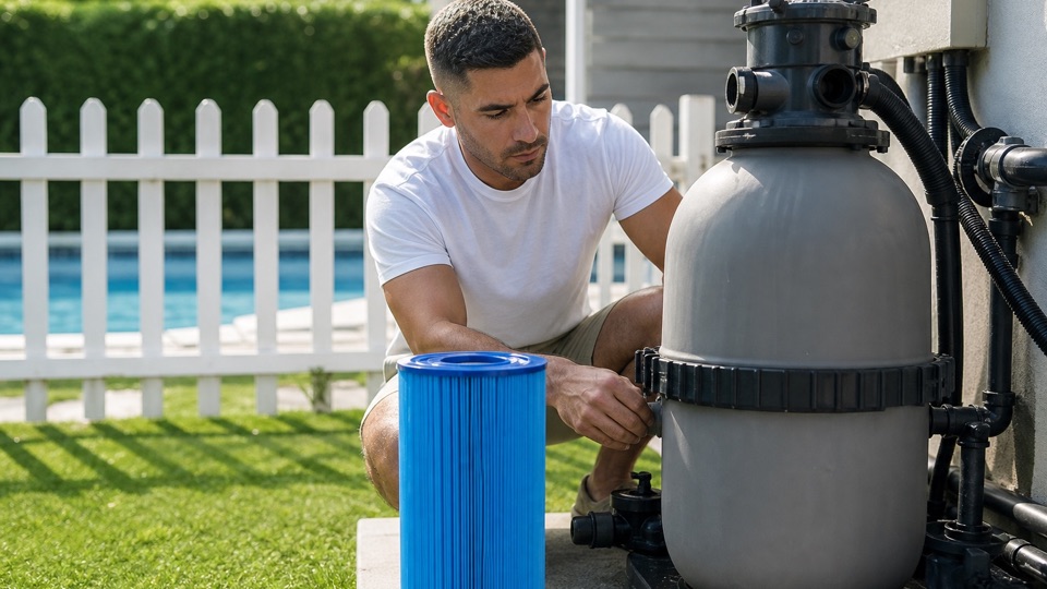 Technician checking a pool filter tank and cartridge beside the equipment pad