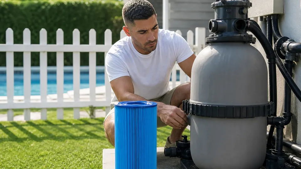 Technician checking a pool filter tank and cartridge beside the equipment pad